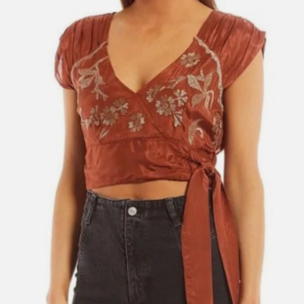 Free People Sahara Embroidered Top – Brown Short Sleeve Boho Blouse XS